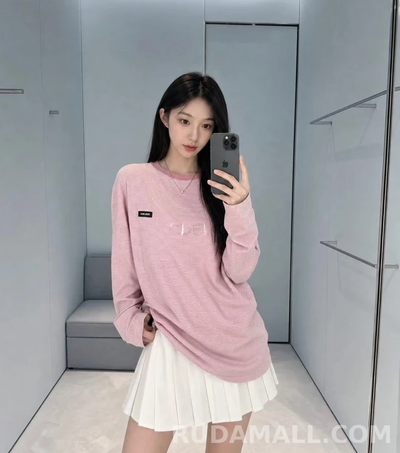 미우미우 미우미우 벚꽃핑크 스트라이프 긴팔 티셔츠 상세 이미지