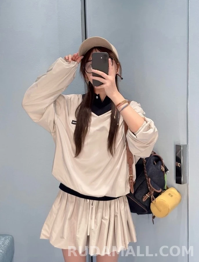 미우미우 미우미우 배색 V넥 나일론 긴팔 티셔츠 상세 이미지
