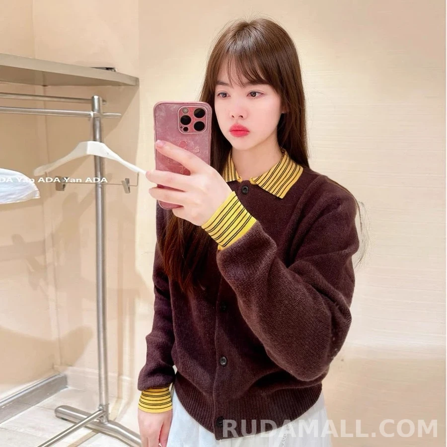 미우미우 미우미우 스트라이프 칼라 캐시미어 가디건 상세 이미지