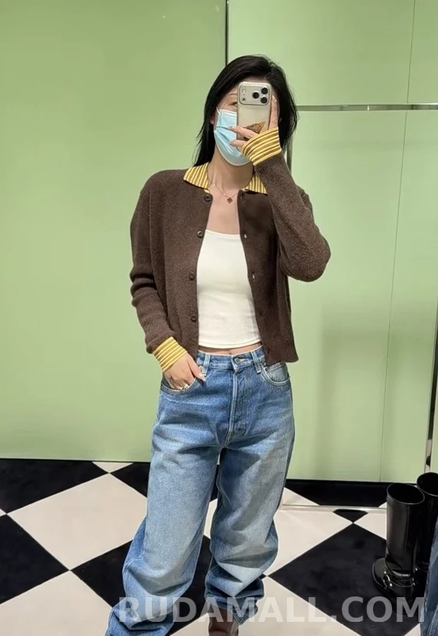 미우미우 미우미우 스트라이프 칼라 캐시미어 가디건 상세 이미지
