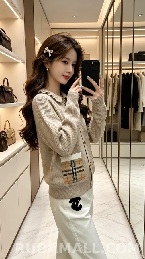 버버리 버버리 러플 칼라 체크 포켓 가디건 상세 이미지