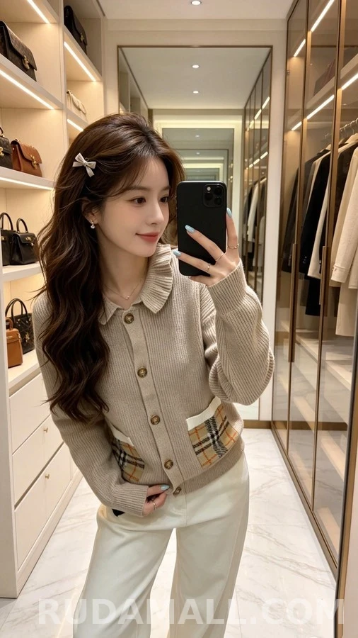 버버리 버버리 러플 칼라 체크 포켓 가디건 상세 이미지