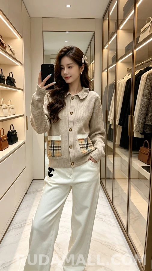 버버리 버버리 러플 칼라 체크 포켓 가디건 상세 이미지