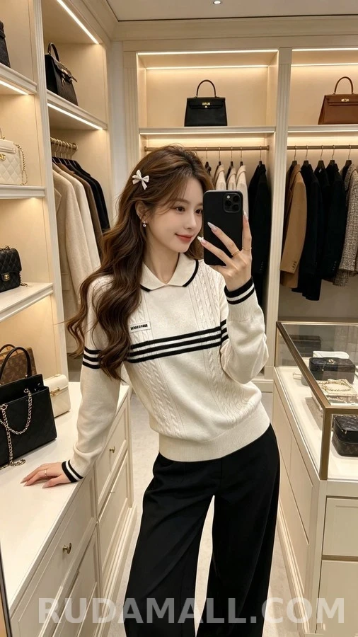 미우미우 미우미우 스트라이프 카라 케이블 니트 상세 이미지