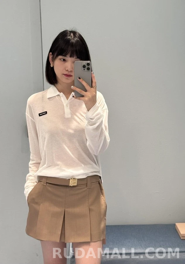 미우미우 미우미우 로고 크롭 폴로 긴팔 티셔츠 상세 이미지