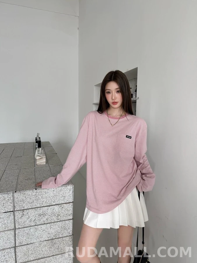미우미우 미우미우 로고 스트라이프 긴팔 티셔츠 상세 이미지