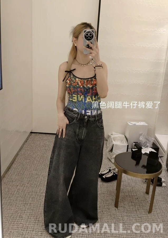 샤넬 샤넬 로고 자수 와이드 데님 팬츠 상세 이미지