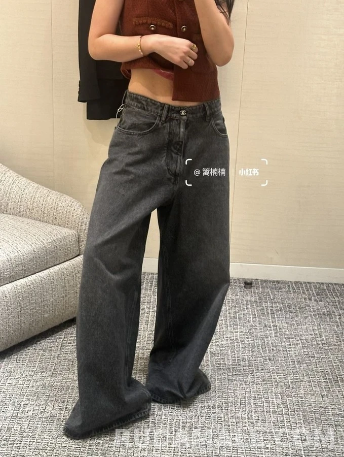 샤넬 샤넬 로고 자수 와이드 데님 팬츠 상세 이미지