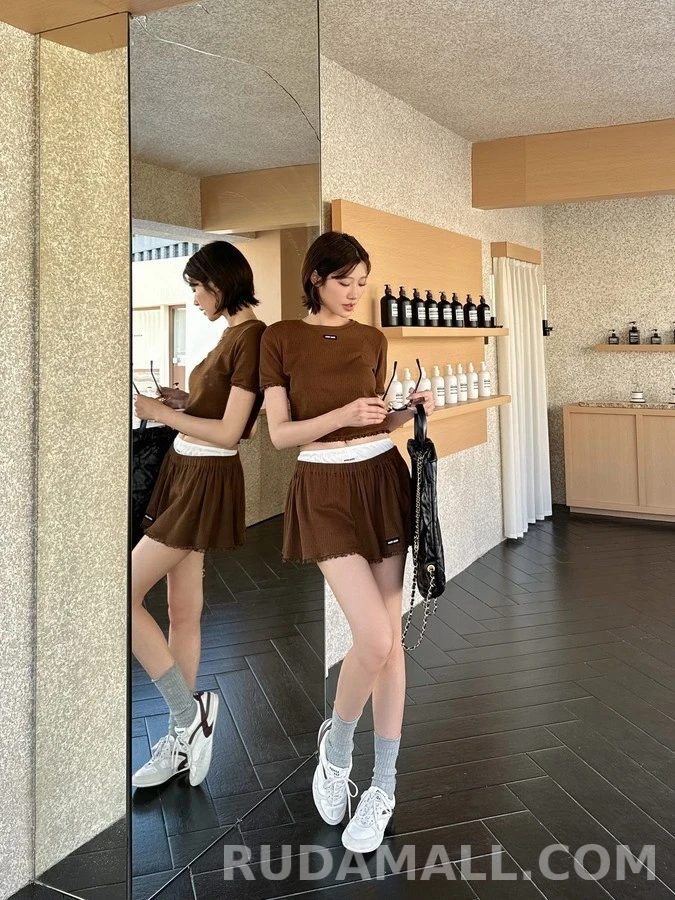 미우미우 미우미우 로고 레이스 플레어 스커트 상세 이미지