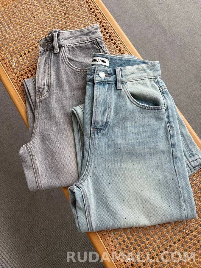 미우미우 미우미우 크리스탈 장식 와이드 데님 팬츠 상세 이미지