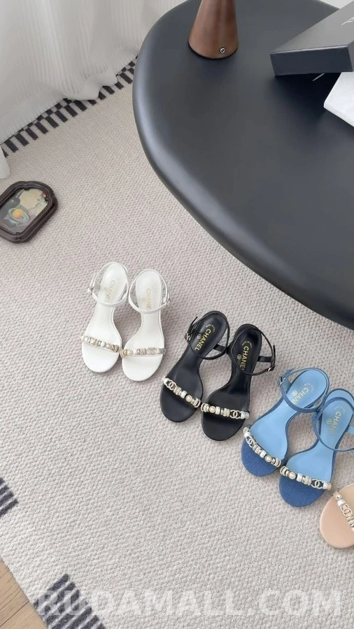 샤넬 샤넬 진주 장식 데님 샌들 힐 상세 이미지