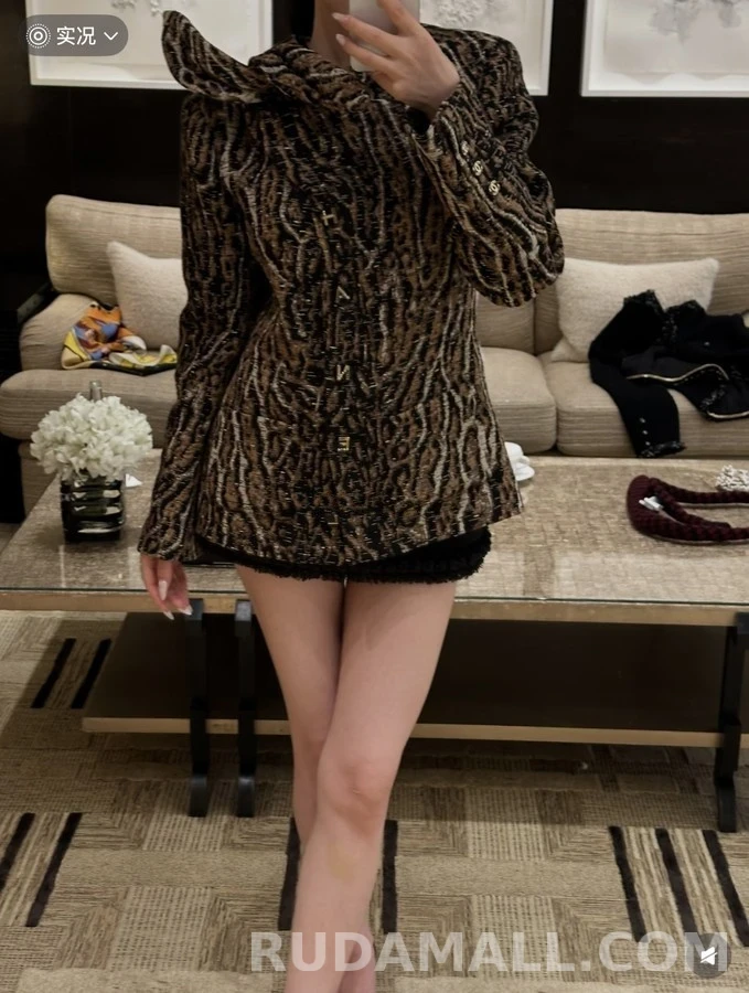 샤넬 샤넬 호피 무늬 보우칼라 트위드 자켓 상세 이미지