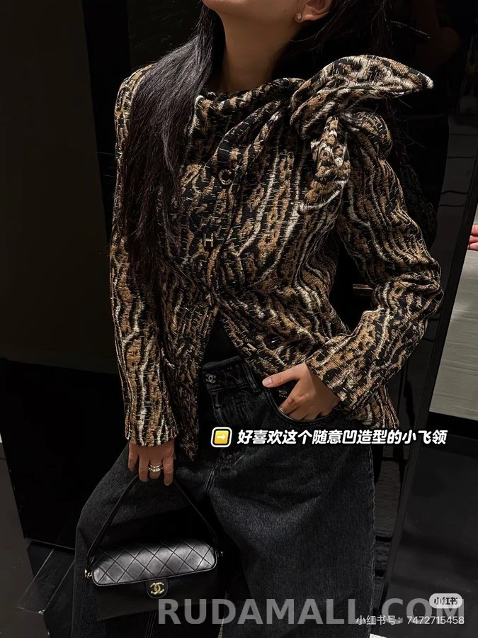 샤넬 샤넬 호피 무늬 보우칼라 트위드 자켓 상세 이미지