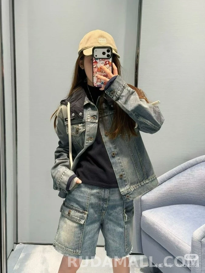 미우미우 미우미우 페이크 레이어드 레터링 데님 후드 상세 이미지