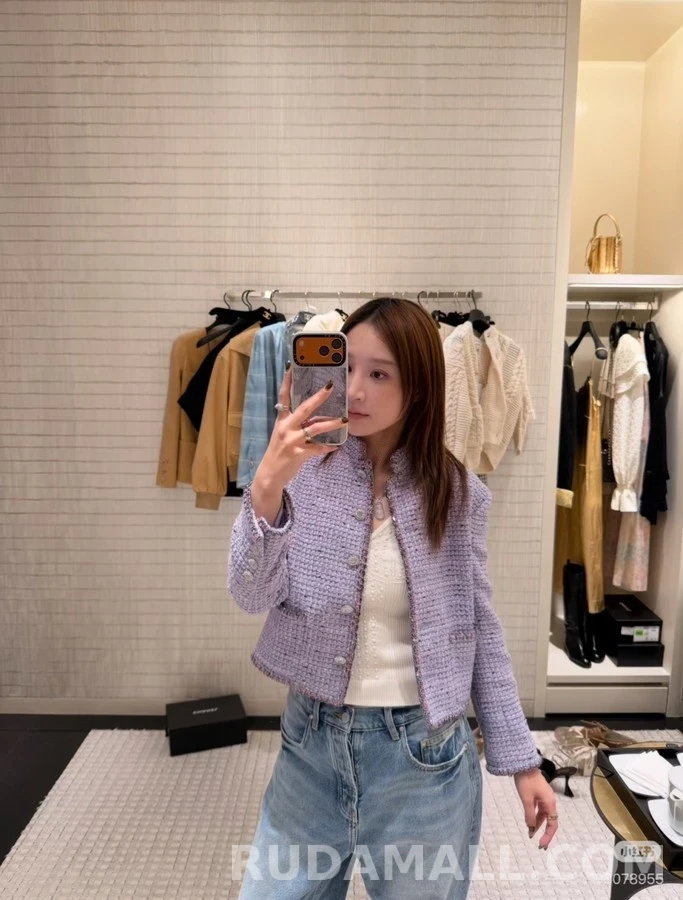 샤넬 샤넬 퍼플 스탠드넥 광택 스팽글 트위드 자켓 상세 이미지